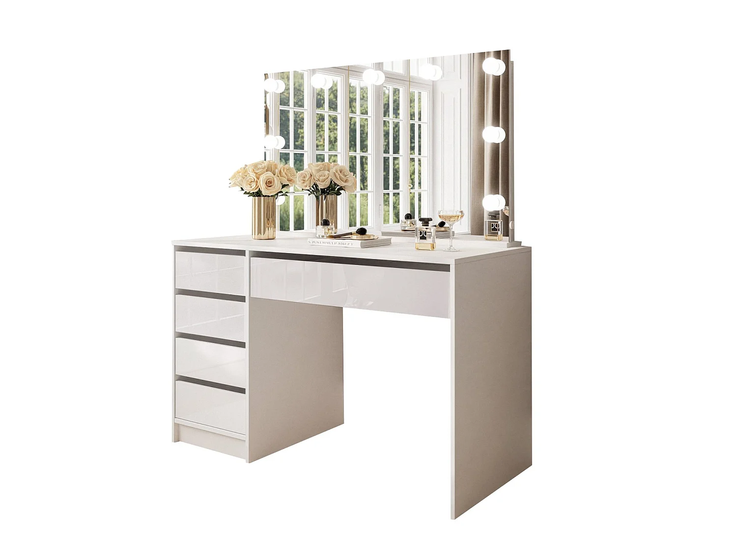 Bureau Lusiana, Modulable, 120x55x143h cm Blanc Brillant, 4 Tiroirs, Passages de Câbles