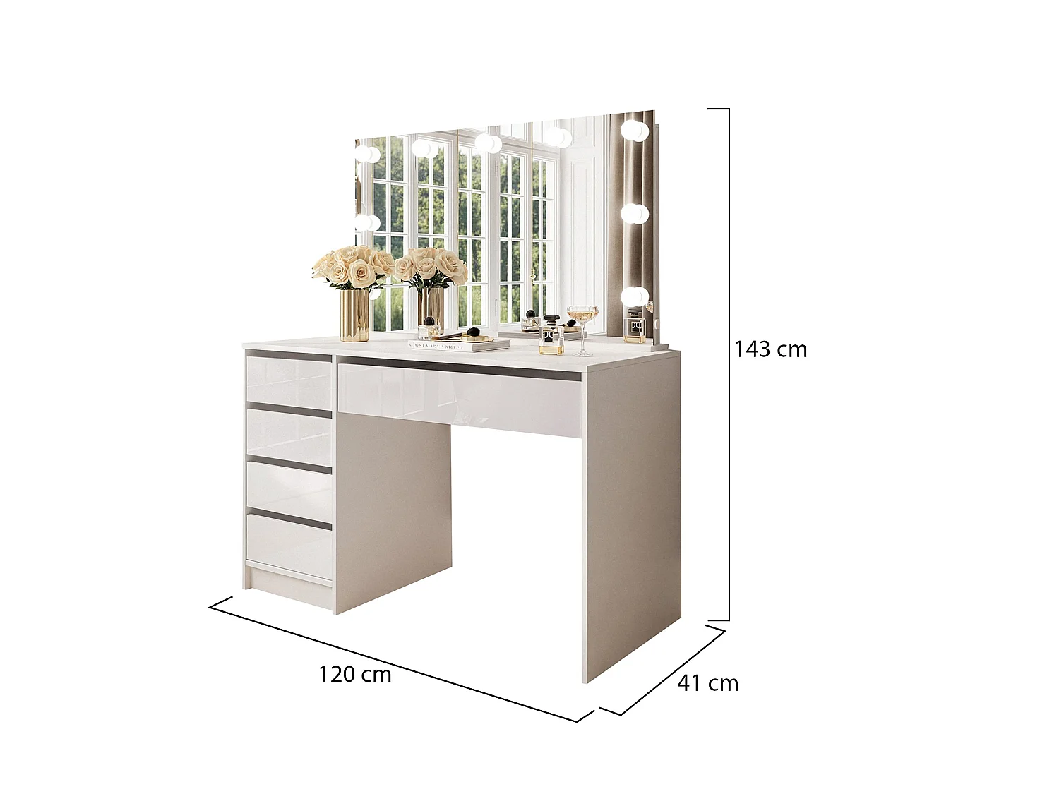Bureau Lusiana, Modulable, 120x55x143h cm Blanc Brillant, 4 Tiroirs, Passages de Câbles