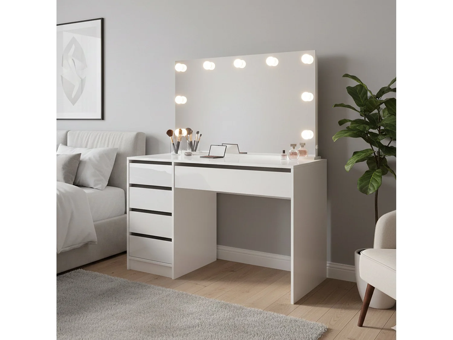 Bureau Lusiana, Modulable, 120x55x143h cm Blanc Brillant, 4 Tiroirs, Passages de Câbles