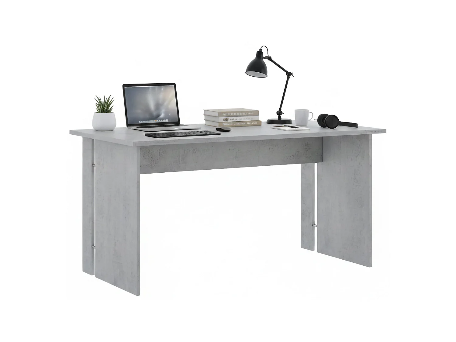 Bureau Zibello, Modulable, 150x78x75h cm Gris Ciment, Passages de câbles, Plateau Gris