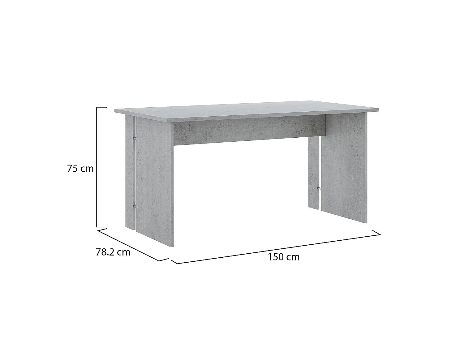 Bureau Zibello, Modulable, 150x78x75h cm Gris Ciment, Passages de câbles, Plateau Gris