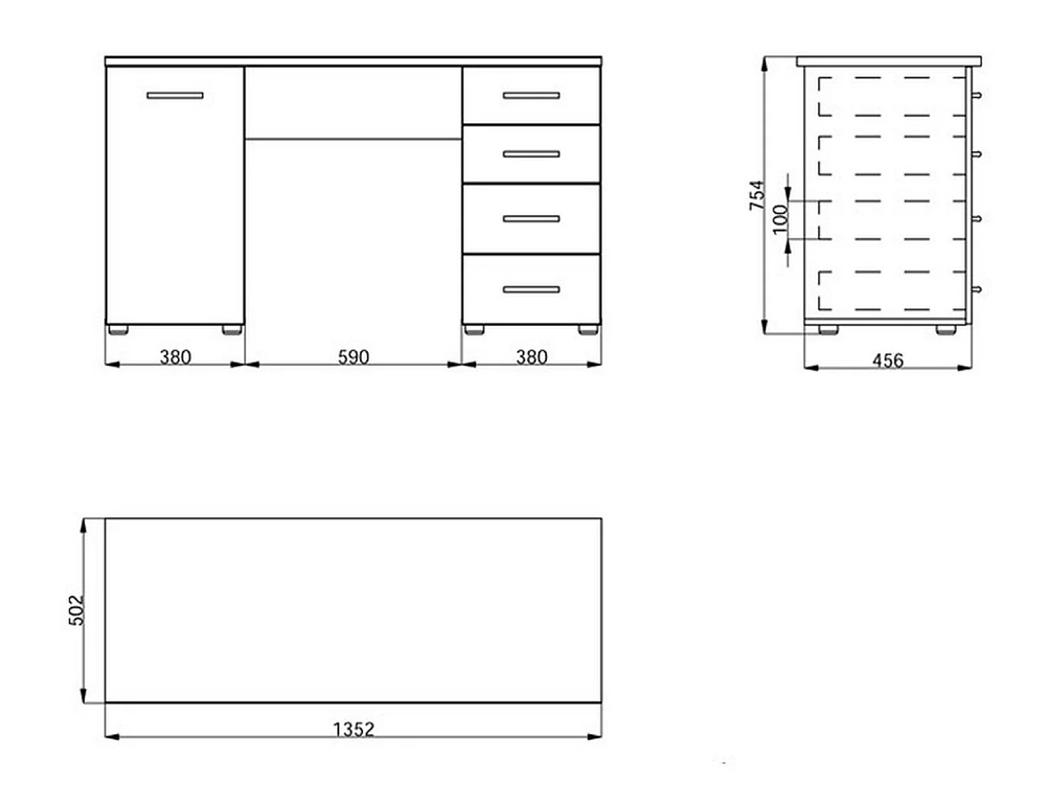 Bureau Flaminio, 2 Étagères, 135x50x76h cm Chêne Marron, 4 Tiroirs, 2 Compartiments