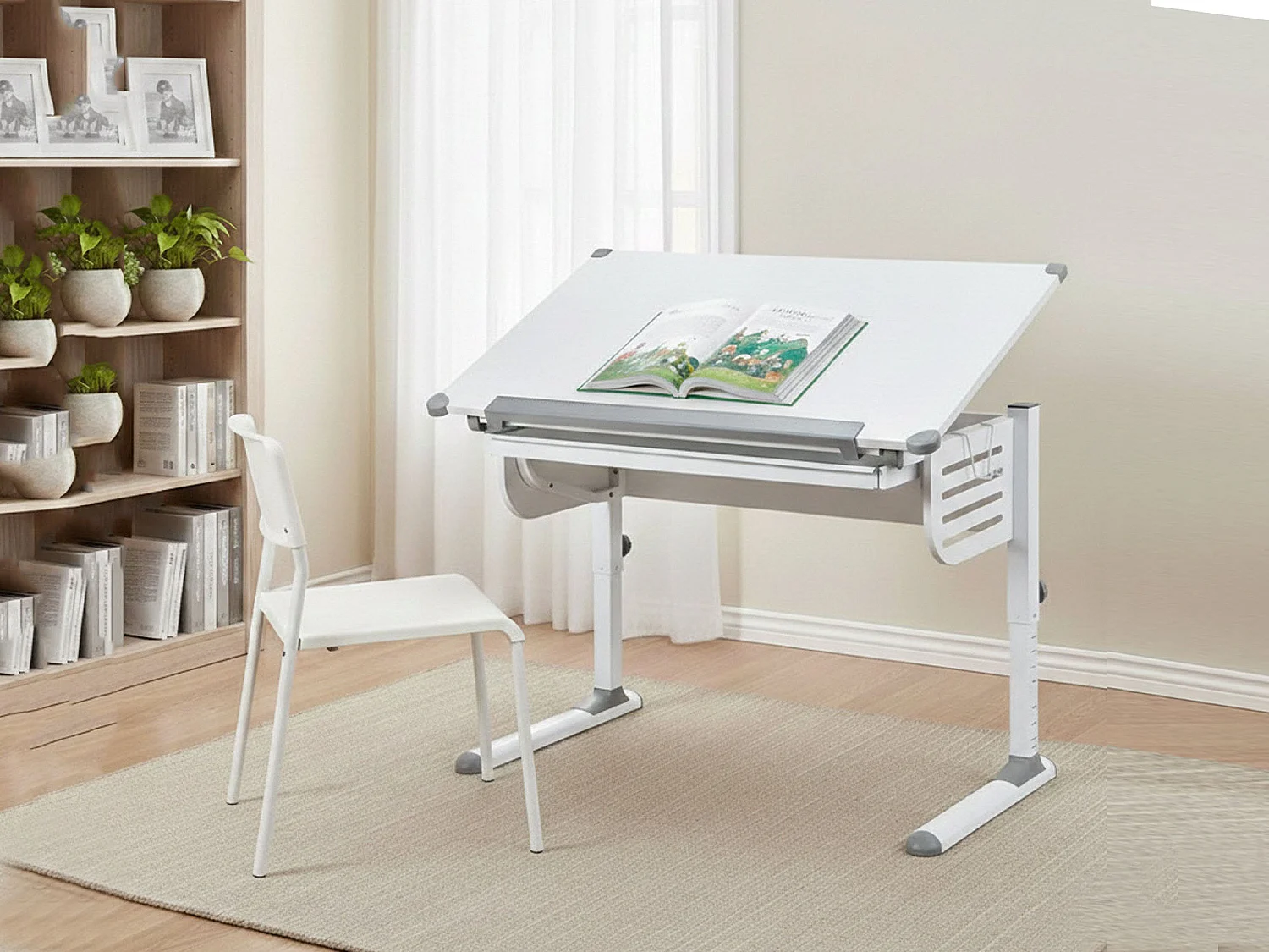 Escritorio Saiano, un estante, 110x55x68h cm Blanco, Reclinable, Tablero en madera melaminada