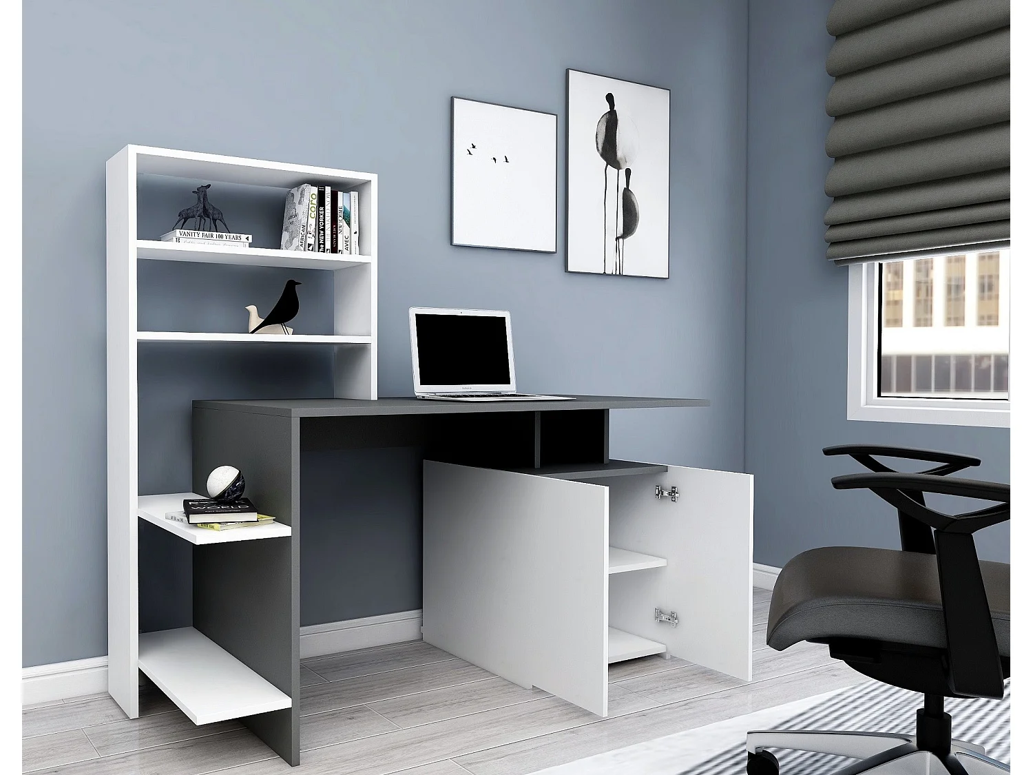Scrivania Recco, 8 Ripiani, 146x60x74h cm Nero Antracite, 2 Ante, 7 Vani