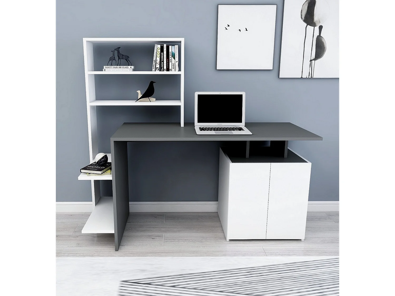 Scrivania Recco, 8 Ripiani, 146x60x74h cm Nero Antracite, 2 Ante, 7 Vani