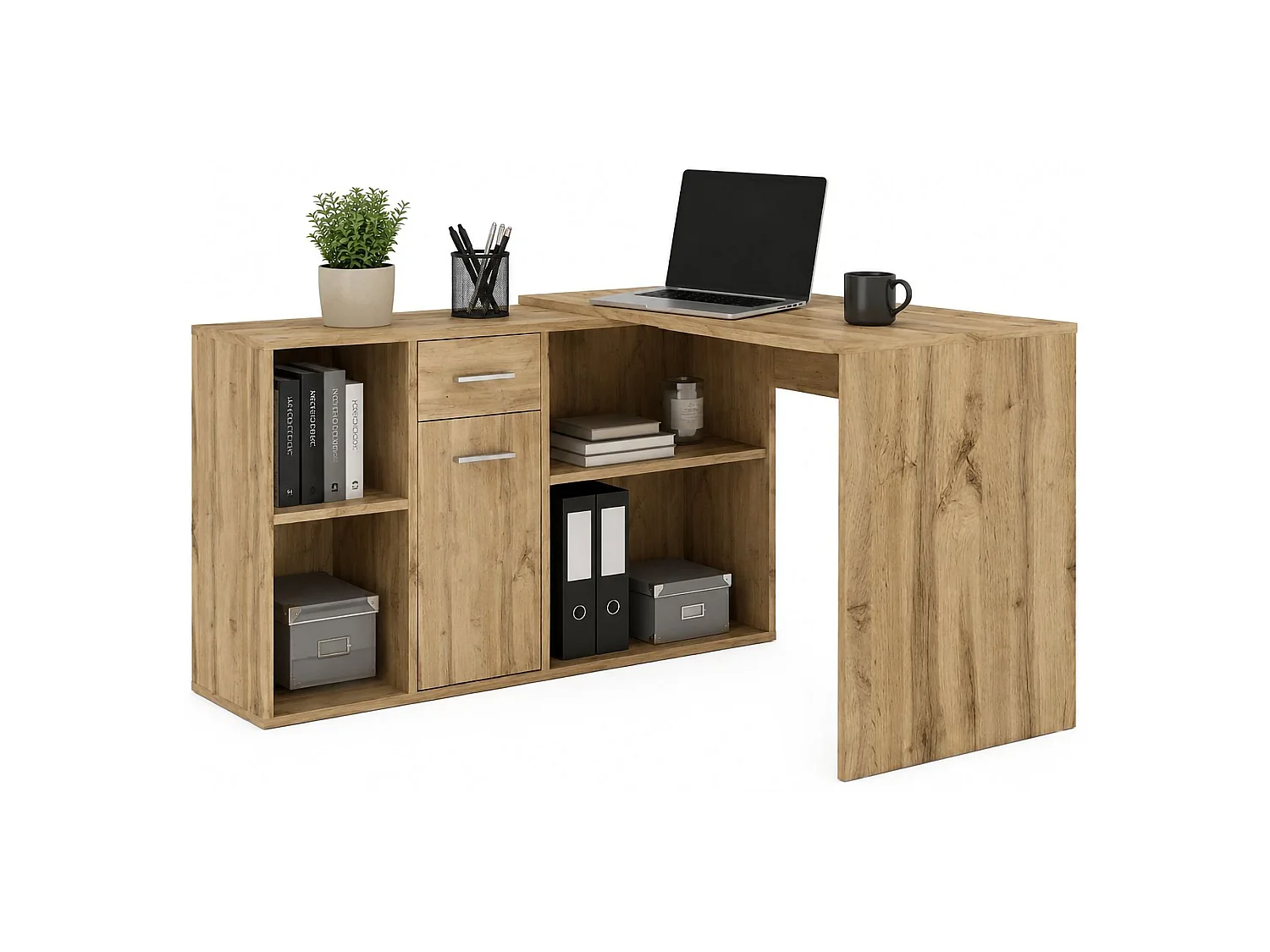 Bureau Linéaire, Modulable, 122x120x75h cm Chêne Nœuds Marron, Angulaire, un Tiroir