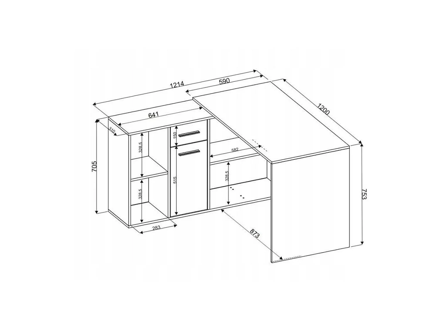 Bureau Linéaire, Modulable, 122x120x75h cm Chêne Nœuds Marron, Angulaire, un Tiroir