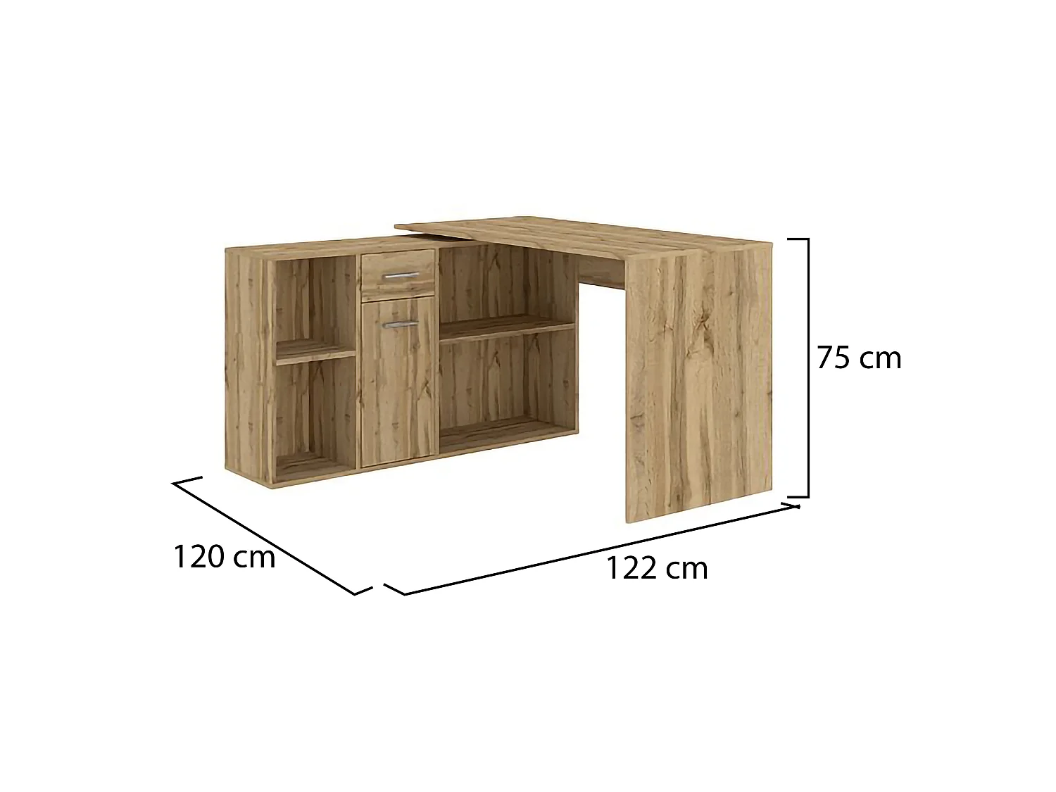Bureau Linéaire, Modulable, 122x120x75h cm Chêne Nœuds Marron, Angulaire, un Tiroir