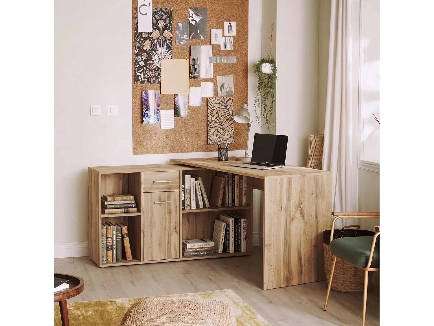 Bureau Linéaire, Modulable, 122x120x75h cm Chêne Nœuds Marron, Angulaire, un Tiroir