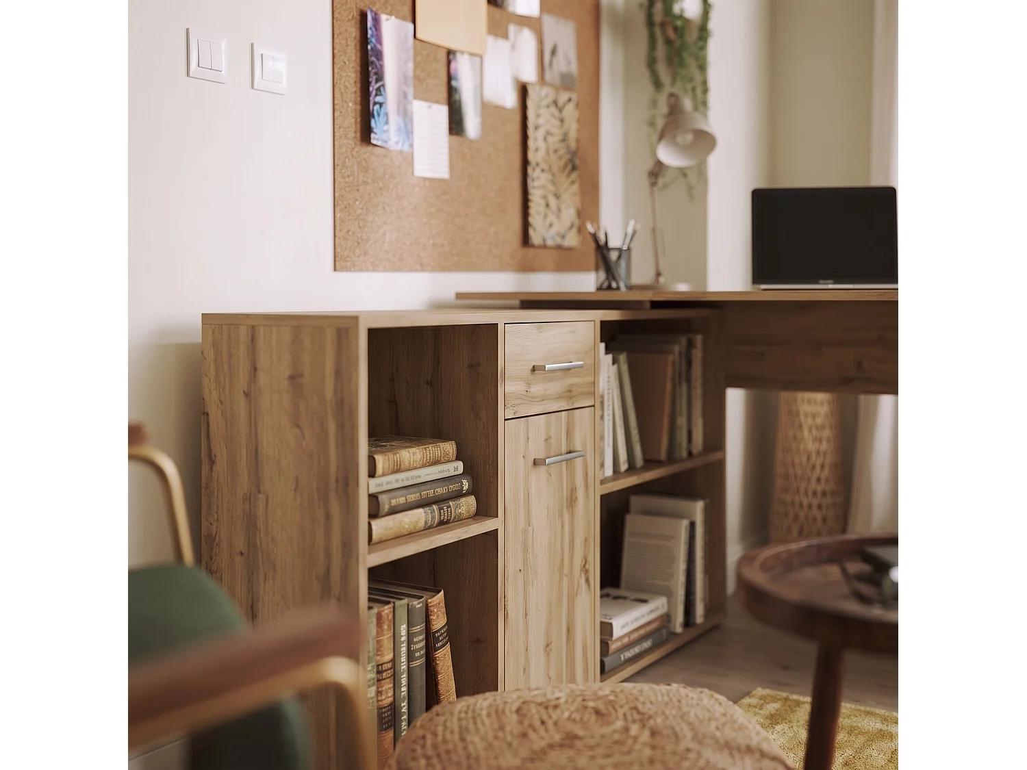 Bureau Linéaire, Modulable, 122x120x75h cm Chêne Nœuds Marron, Angulaire, un Tiroir