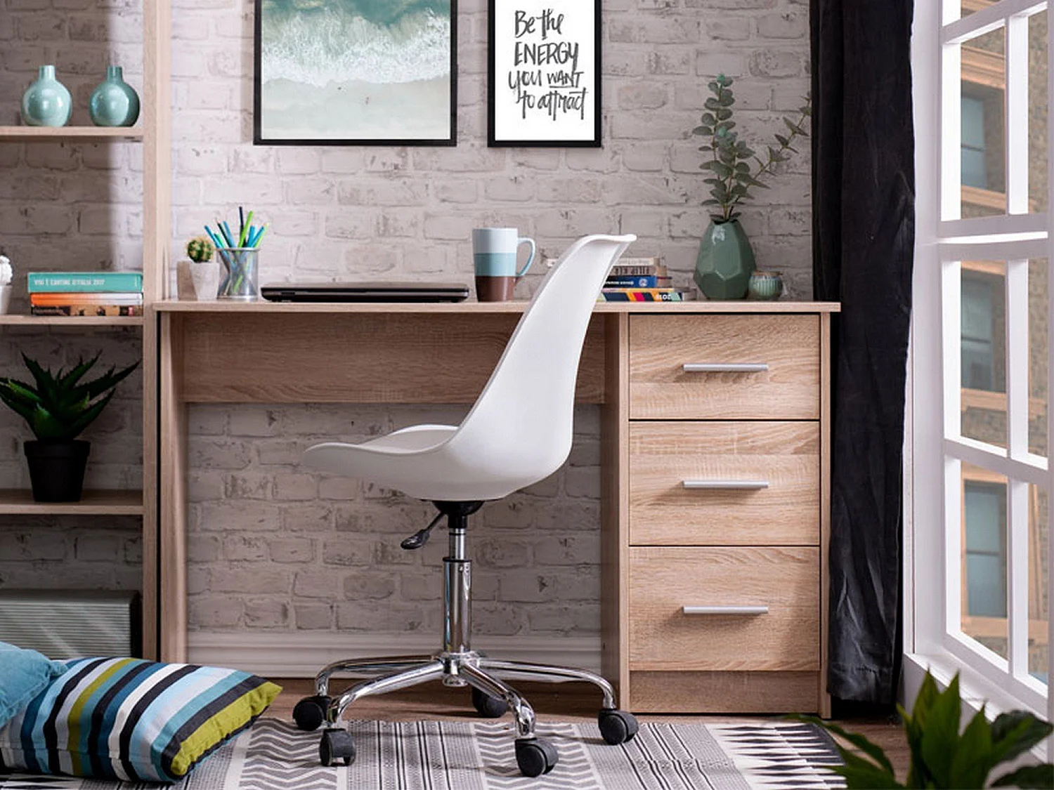 Bureau Rifiano, un Plateau, 121x50x75h cm Chêne Marron, 3 Tiroirs, Poignées Incluses