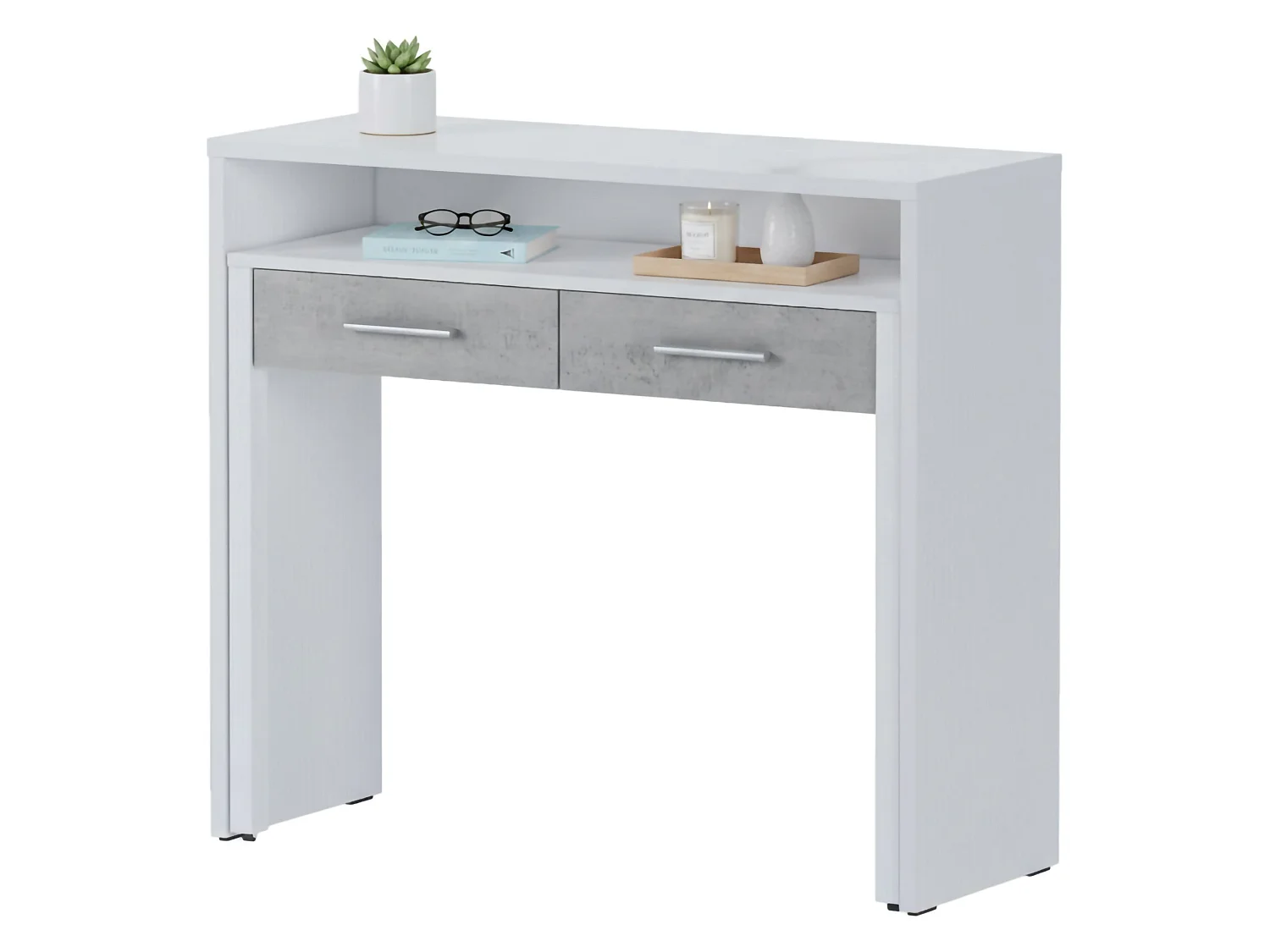 Bureau Opaglio, Modulable, 99x37x87h cm Blanc Béton, 2 Tiroirs, un Compartiment