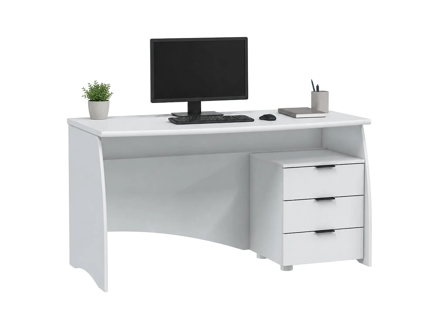 Table Azziz, 3 tiroirs, 136x67x72h cm Blanc Mat, une Étagère, Nuance de Couleur Mat