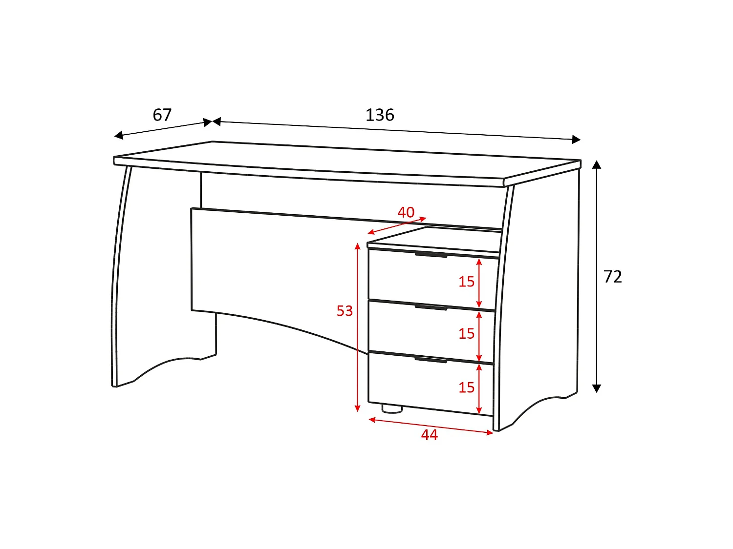 Table Azziz, 3 tiroirs, 136x67x72h cm Blanc Mat, une Étagère, Nuance de Couleur Mat