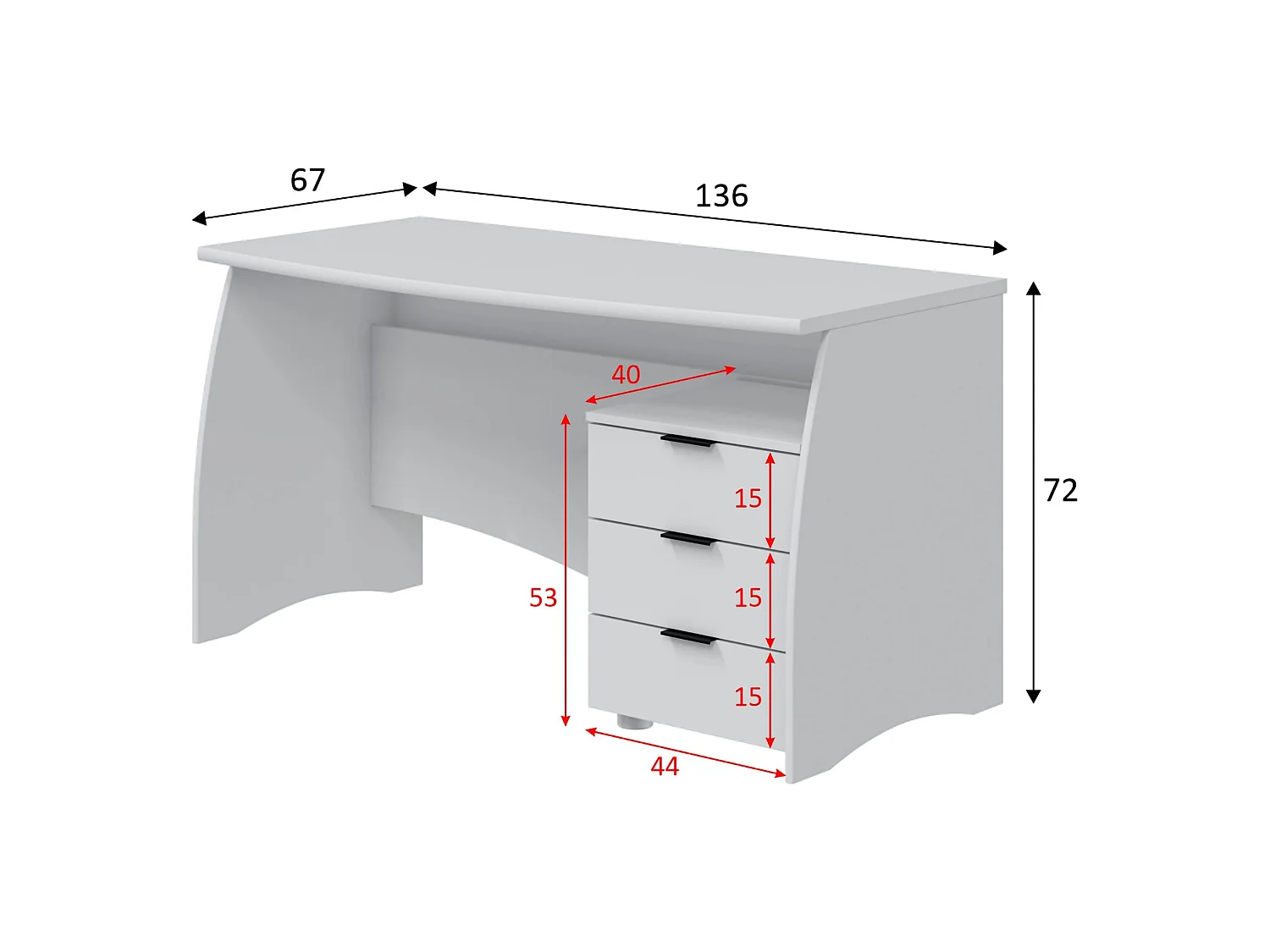 Table Azziz, 3 tiroirs, 136x67x72h cm Blanc Mat, une Étagère, Nuance de Couleur Mat