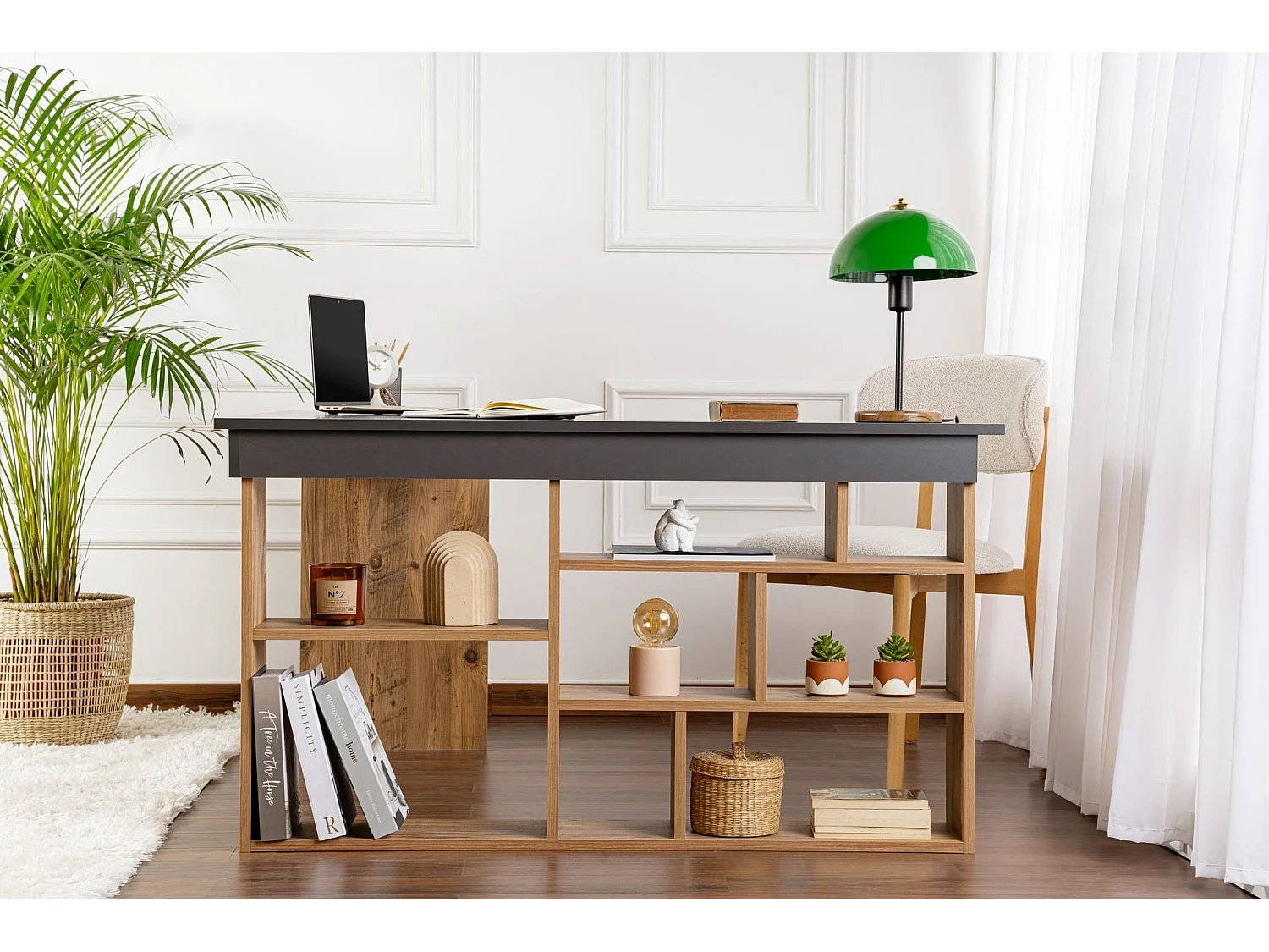 Scrivania Patti, Angolare, 130x120x72h cm Nero Antracite, 6 Ripiani, Supporta Fino a 60 kg