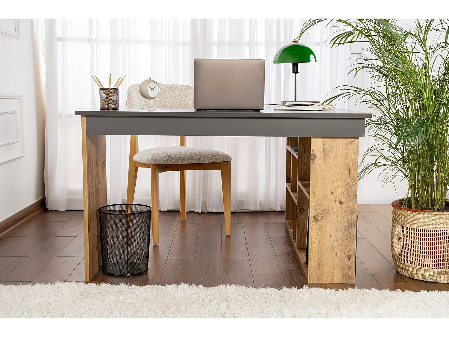 Scrivania Patti, Angolare, 130x120x72h cm Nero Antracite, 6 Ripiani, Supporta Fino a 60 kg