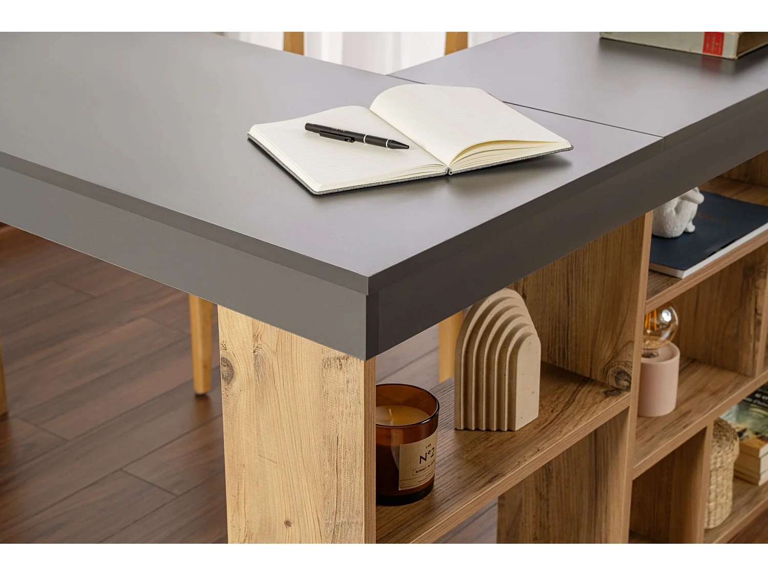 Scrivania Patti, Angolare, 130x120x72h cm Nero Antracite, 6 Ripiani, Supporta Fino a 60 kg