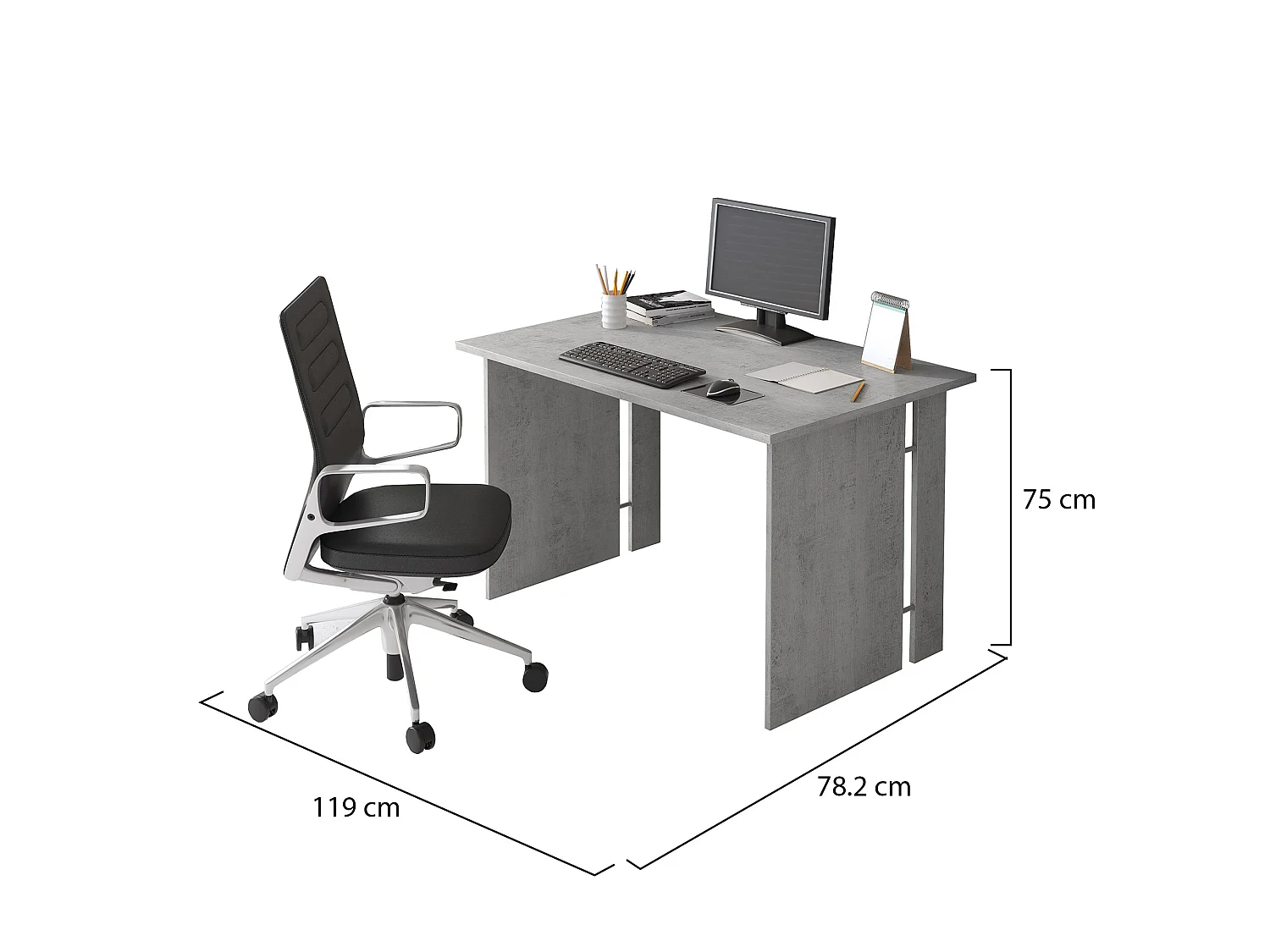 Bureau Ullano, Modulable, 119x78x75h cm Gris Ciment, Passages de câbles, Plateau Gris