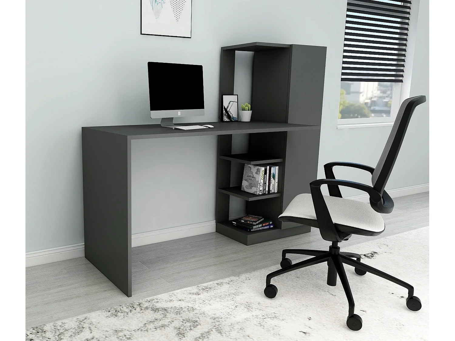 Scrivania Donnas, 6 Ripiani, 120x55x74h cm Nero Antracite, Un'anta, 7 Vani