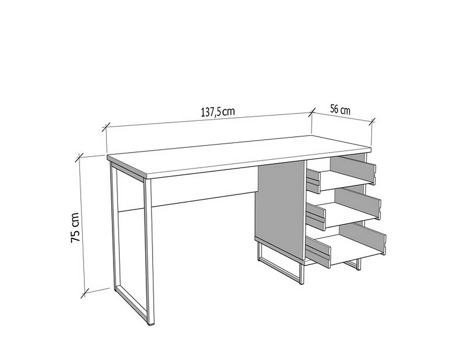 Bureau Ponza, un plateau, 138x56x75h cm Chêne Marron Nœuds, 3 tiroirs, poignées incluses