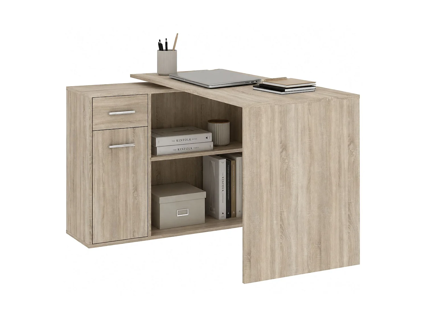 Scrivania Linaza, Angolare, 120x92x74h cm Marrone Rovere, un Cassetto, 4 Ripiani