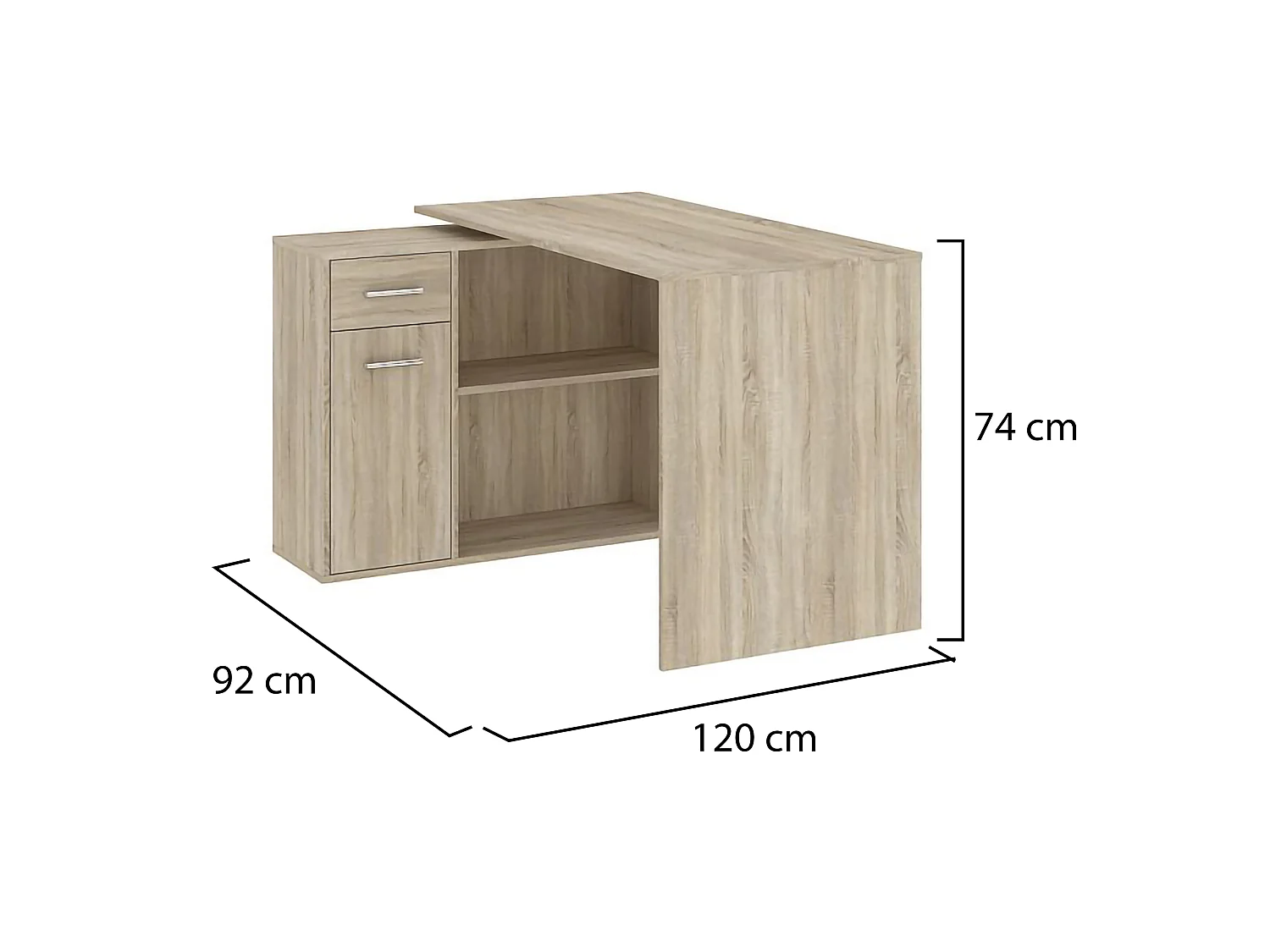 Scrivania Linaza, Angolare, 120x92x74h cm Marrone Rovere, un Cassetto, 4 Ripiani
