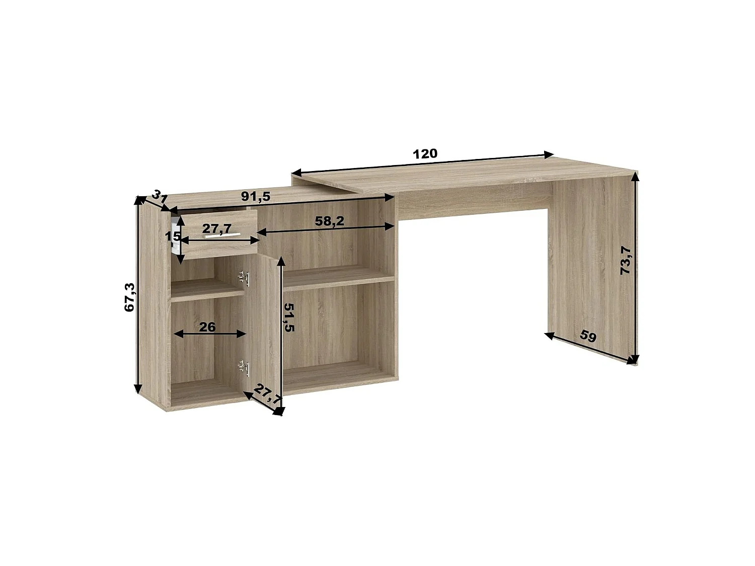 Scrivania Linaza, Angolare, 120x92x74h cm Marrone Rovere, un Cassetto, 4 Ripiani