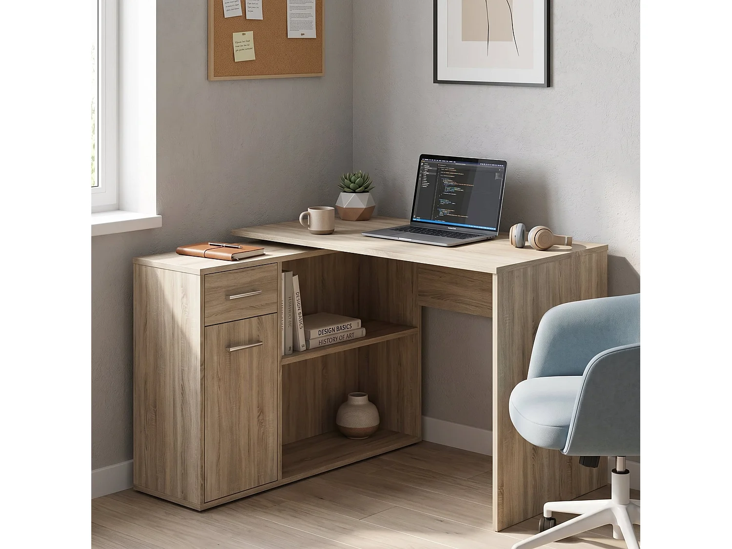 Scrivania Linaza, Angolare, 120x92x74h cm Marrone Rovere, un Cassetto, 4 Ripiani