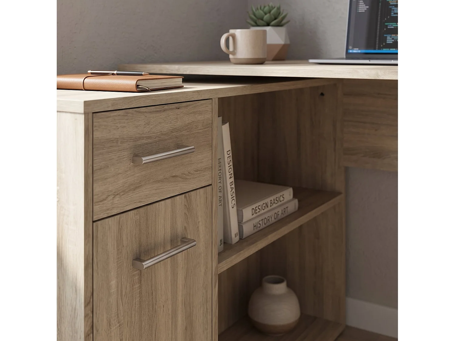Scrivania Linaza, Angolare, 120x92x74h cm Marrone Rovere, un Cassetto, 4 Ripiani