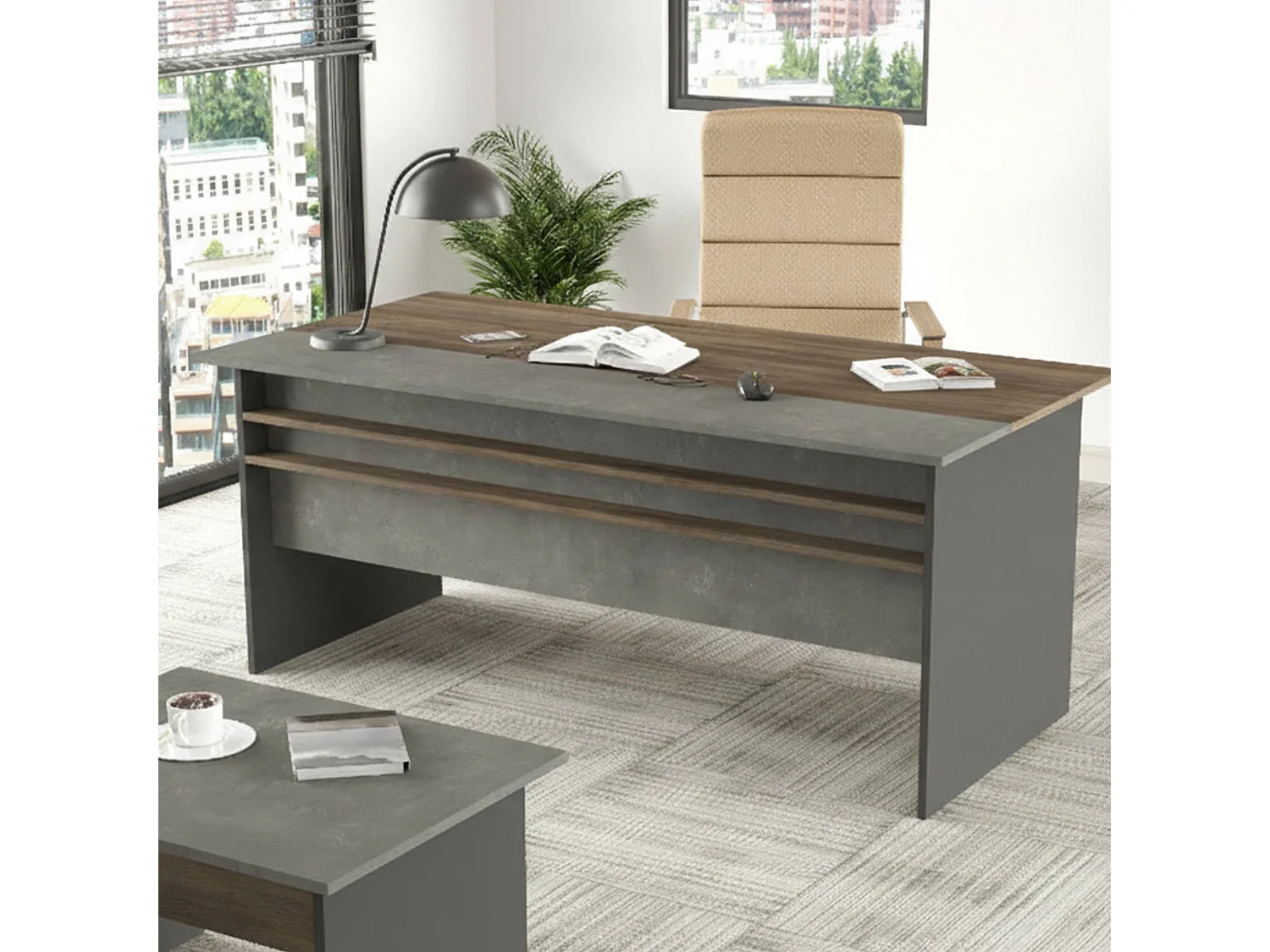 Bureau Cecima, blad van gemelamineerd hout, 180x90x75h cm bruin, kleur blad bruin, kleur onderstel grijs