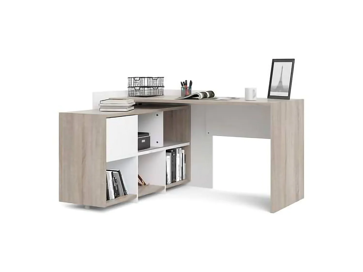 Bureau Canaro, Angulaire, 140x120x80h cm Chêne Brun, 3 Étagères, 6 Compartiments