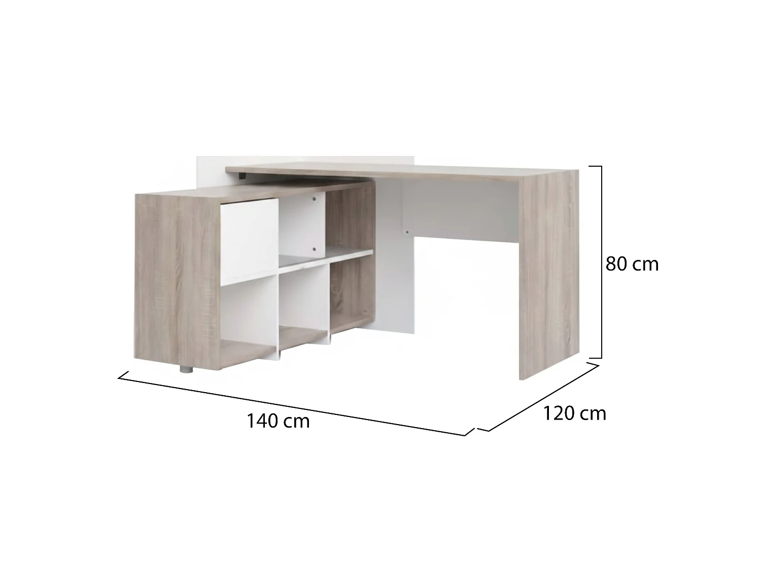 Bureau Canaro, Angulaire, 140x120x80h cm Chêne Brun, 3 Étagères, 6 Compartiments