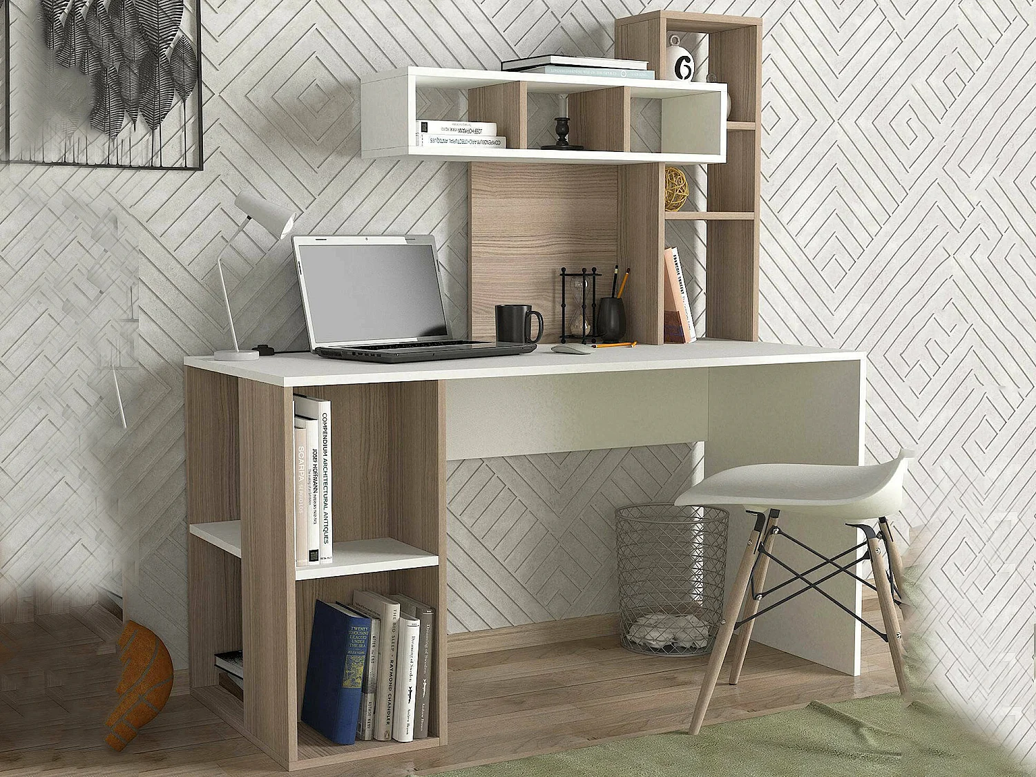 Bureau Demonte, 6 étagères, 60x140x153,8h cm Blanc