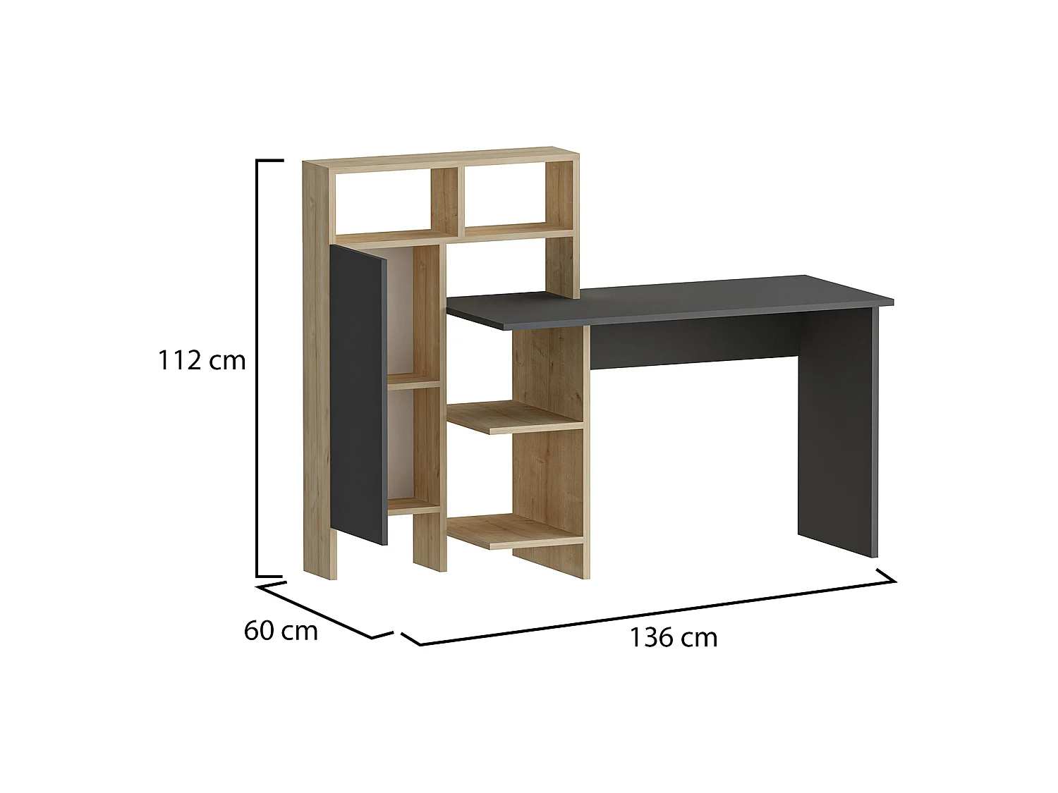 Scrivania Cremella, 6 Ripiani, 136x60x112h cm Nero Antracite, Un'anta, 7 Vani