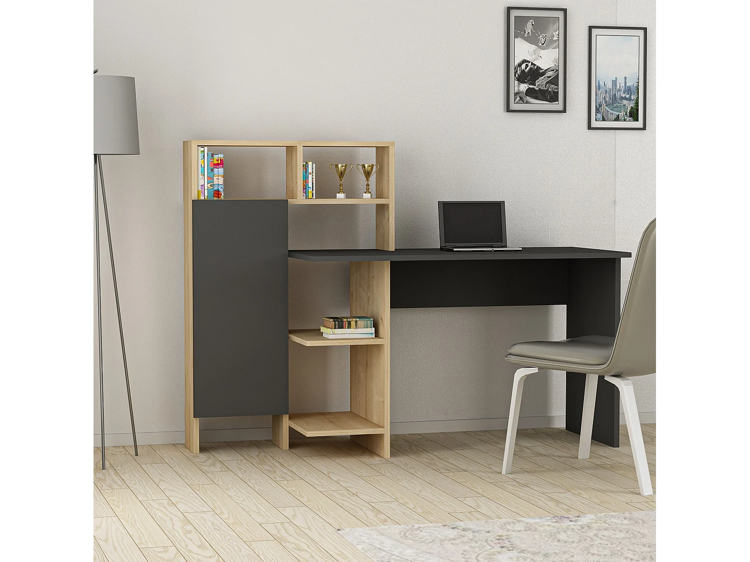 Scrivania Cremella, 6 Ripiani, 136x60x112h cm Nero Antracite, Un'anta, 7 Vani