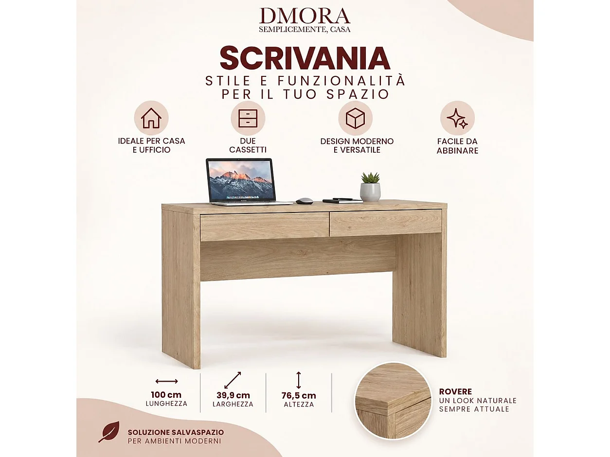 Bureau Érable, 2 Tiroirs, 39.9x100.1x76.5h cm Marron Chêne