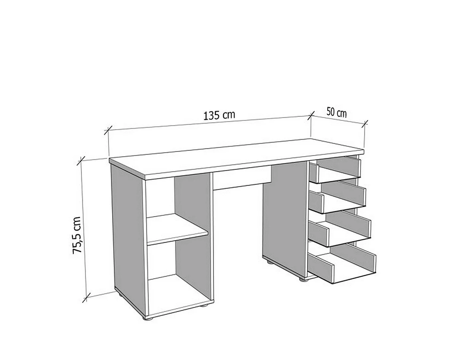 Bureau Flaminio, 2 Étagères, 135x50x76h cm Blanc, 4 Tiroirs, 2 Compartiments
