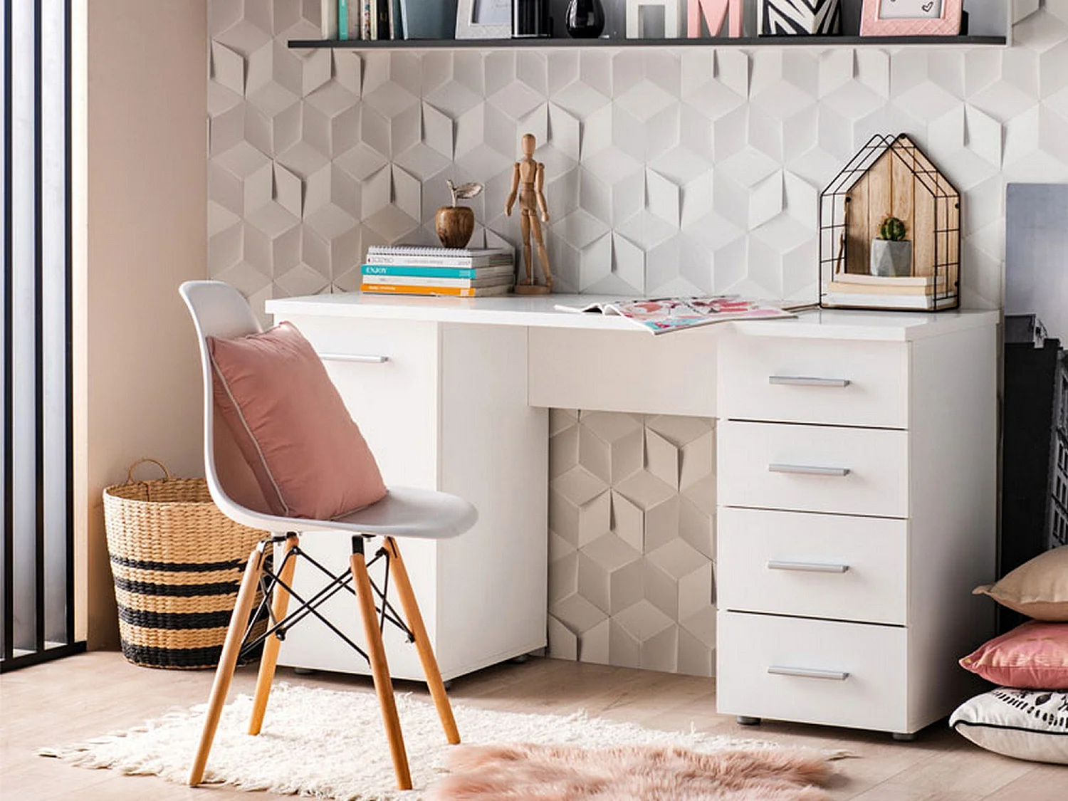 Bureau Flaminio, 2 Étagères, 135x50x76h cm Blanc, 4 Tiroirs, 2 Compartiments