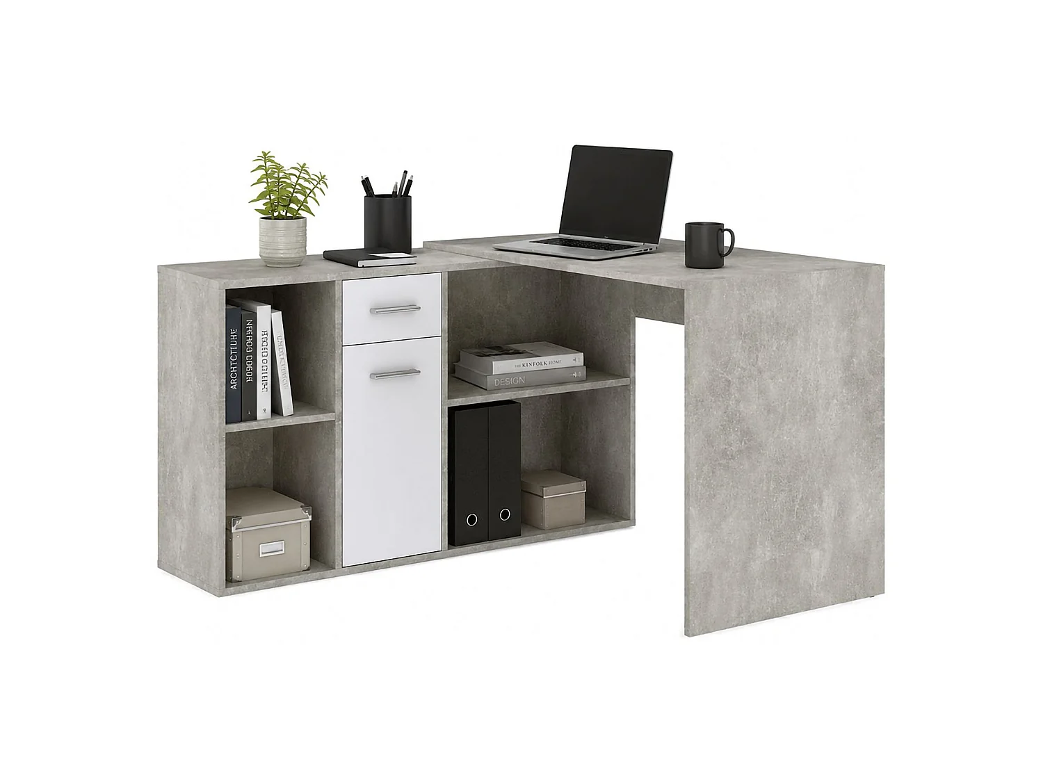 Bureau Linéaire, Modulable, 122x120x75h cm Gris Ciment, Angulaire, un Tiroir