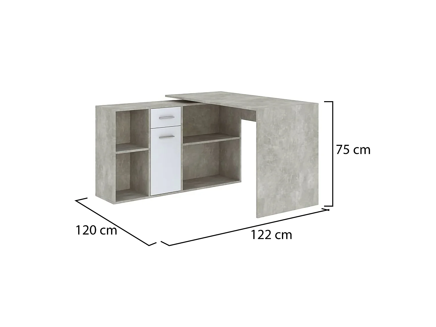 Bureau Linéaire, Modulable, 122x120x75h cm Gris Ciment, Angulaire, un Tiroir