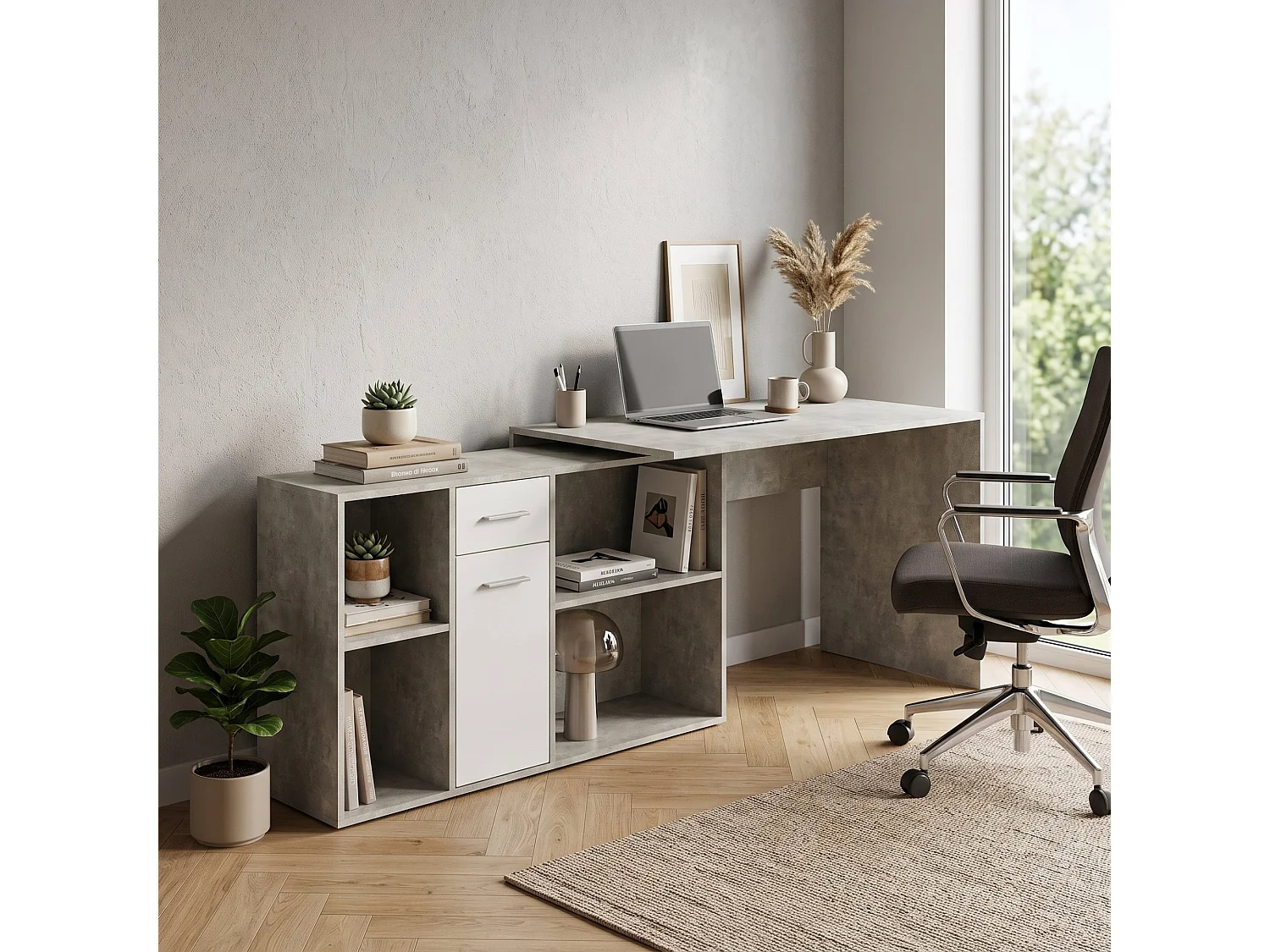 Bureau Linéaire, Modulable, 122x120x75h cm Gris Ciment, Angulaire, un Tiroir