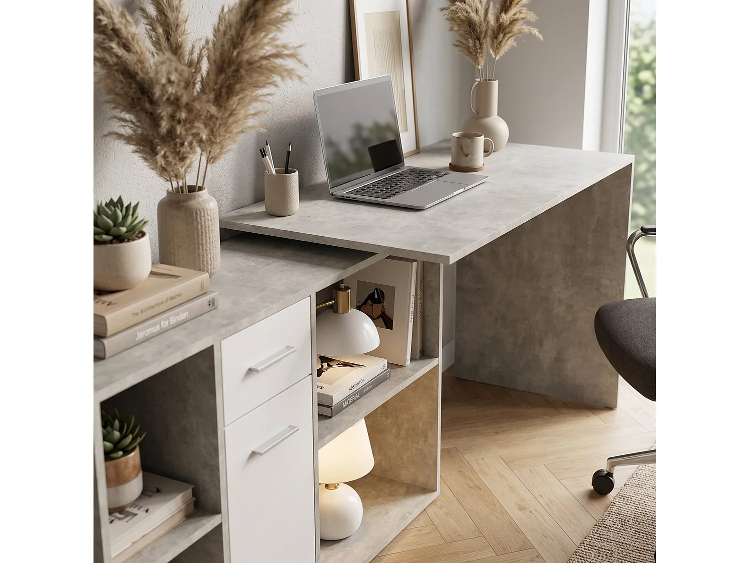 Bureau Linéaire, Modulable, 122x120x75h cm Gris Ciment, Angulaire, un Tiroir