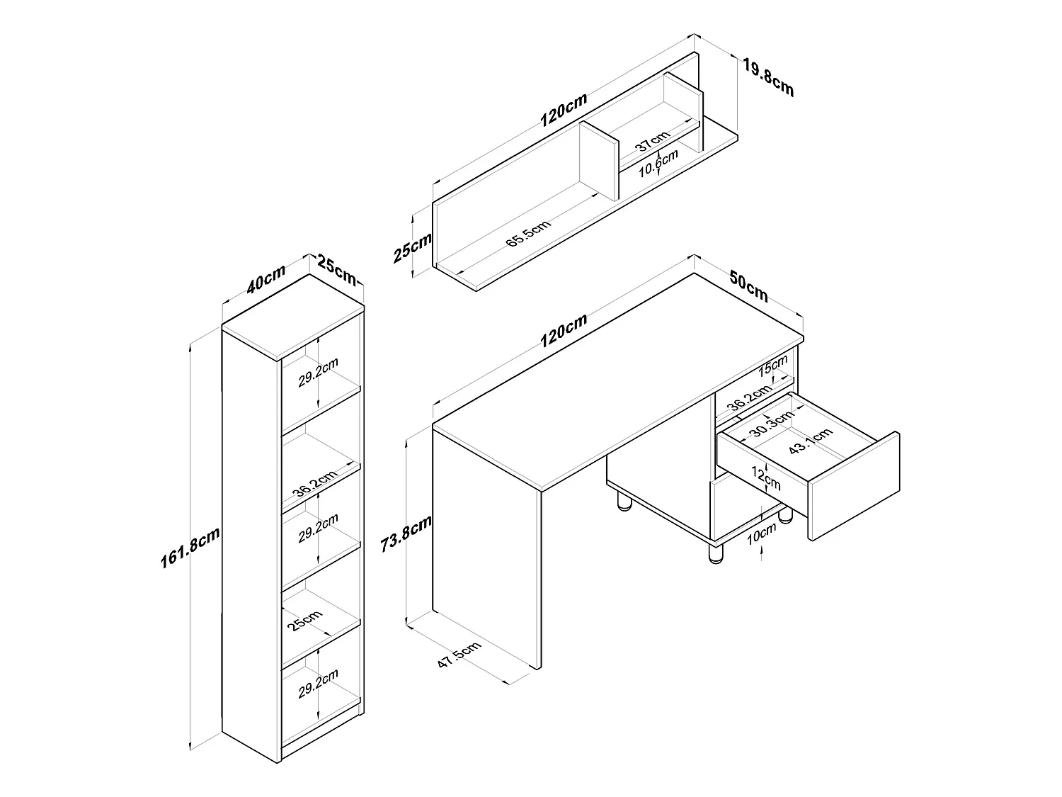 Schreibtisch Venetico, 9 Ablagen, 120x50x162h cm Eiche Astbraun, 2 Schubladen, 7 Fächer