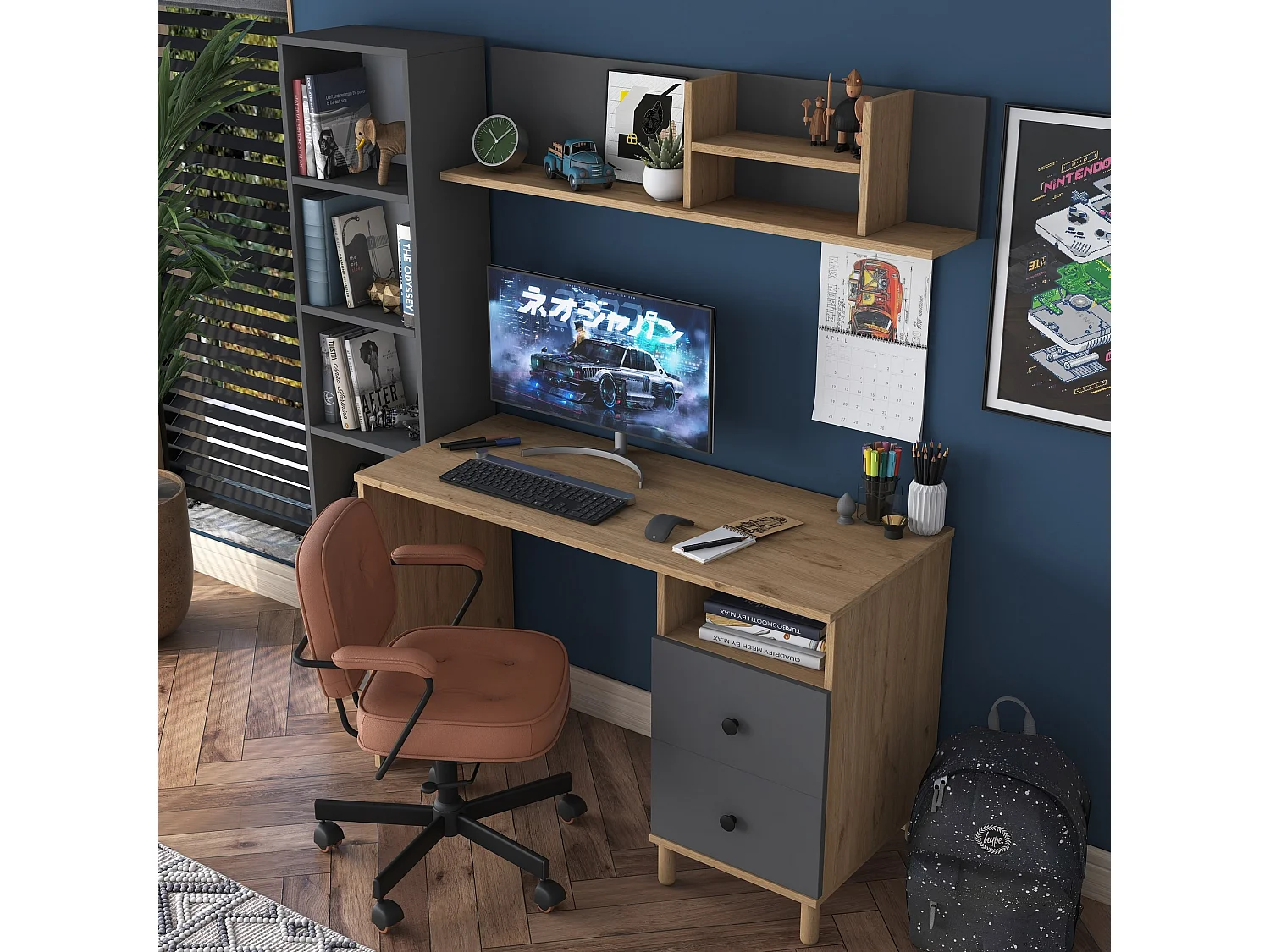Schreibtisch Venetico, 9 Ablagen, 120x50x162h cm Eiche Astbraun, 2 Schubladen, 7 Fächer