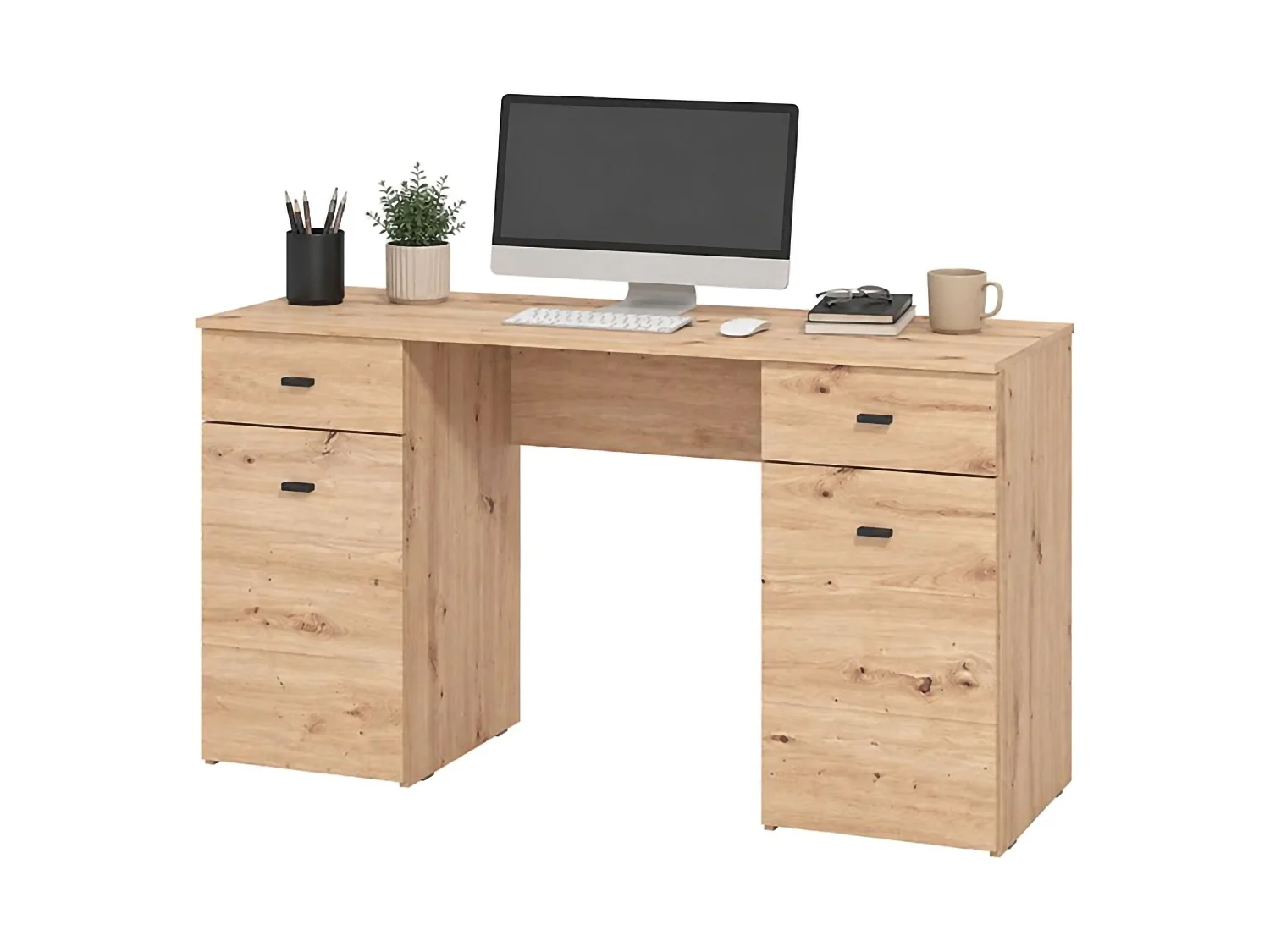 Scrivania Ziro, 2 Cassetti, 140x50x76h cm Marrone Rovere Nodi, 2 Ripiani, 2 Ante