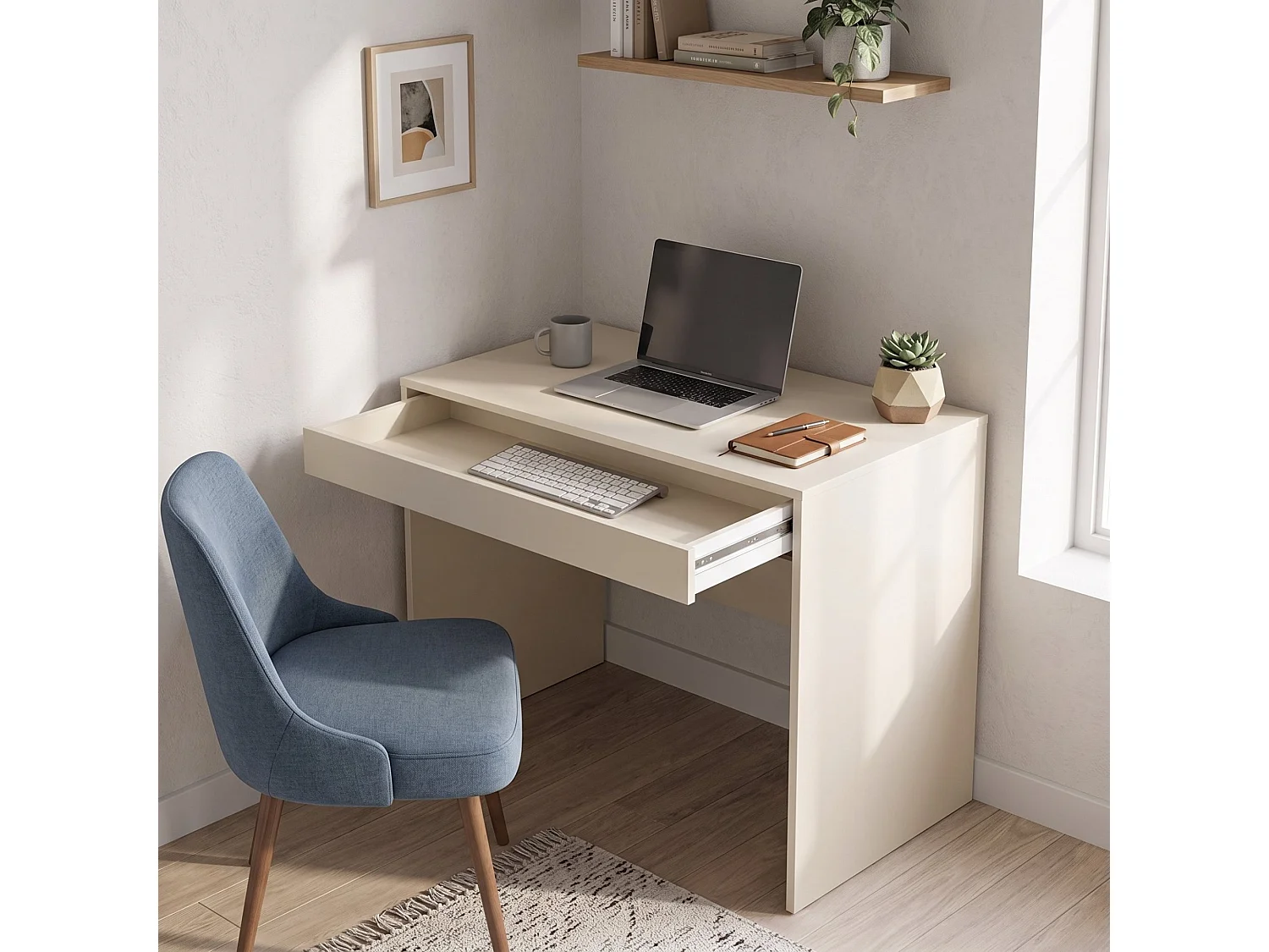 Scrivania Linomoni, un tiroir, 100x50x77h cm Beige, une étagère, plateau en bois mélaminé