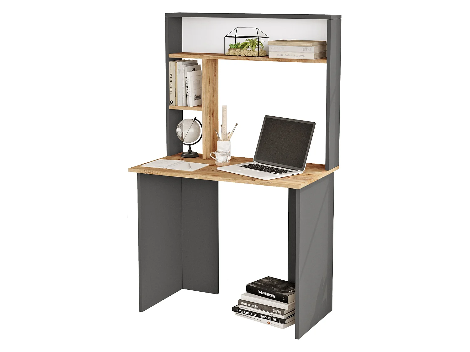 Bureau Nicotera, 3 Étagères, 90x52x149h cm Chêne Brun, 4 Compartiments, Plateau Brun