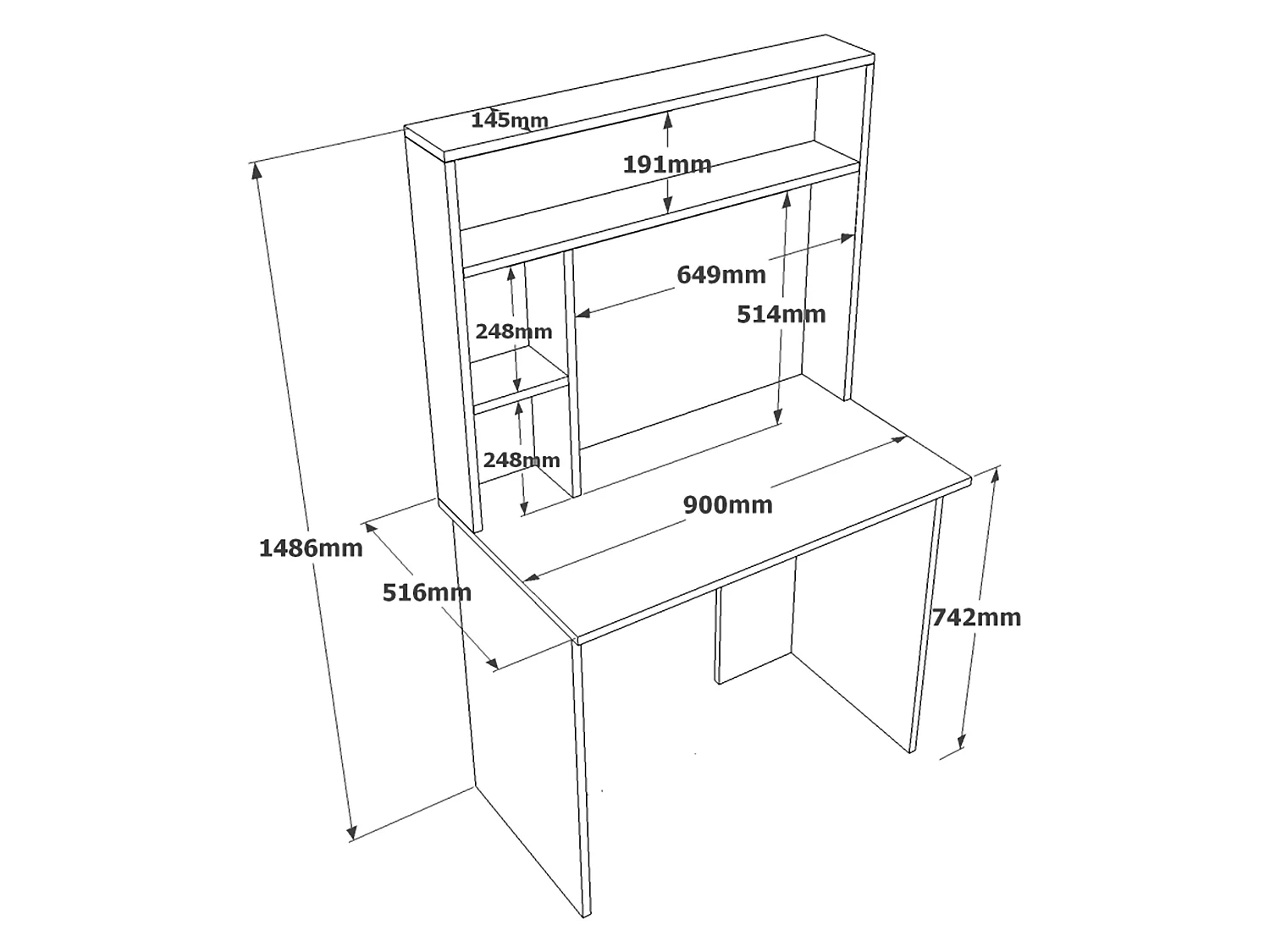 Bureau Nicotera, 3 Étagères, 90x52x149h cm Chêne Brun, 4 Compartiments, Plateau Brun