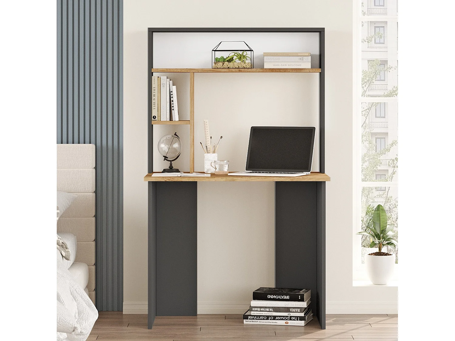 Bureau Nicotera, 3 Étagères, 90x52x149h cm Chêne Brun, 4 Compartiments, Plateau Brun
